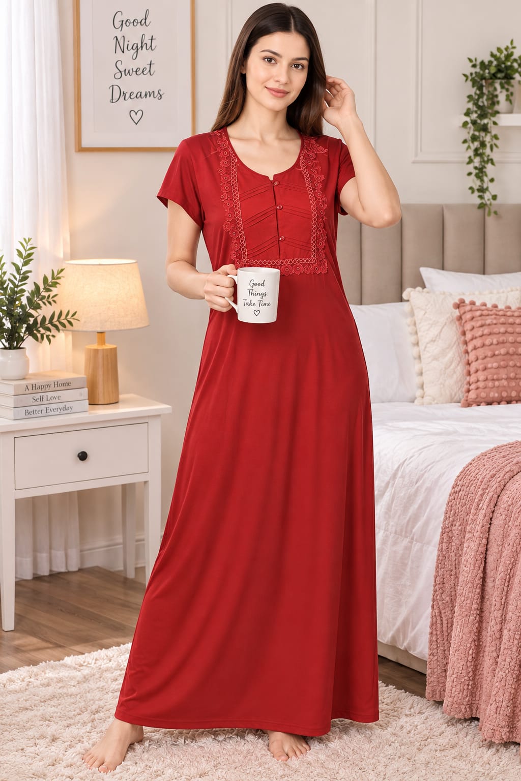 Women’s Elegant Floral Lace Embroidered Front Button Maxi Night Gown – Pink-Red| L/XL Secondary image