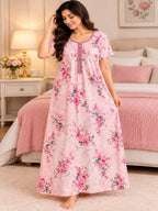 Women’s Floral Printed Full-Length Night Gown with Round Neck & Short Sleeves