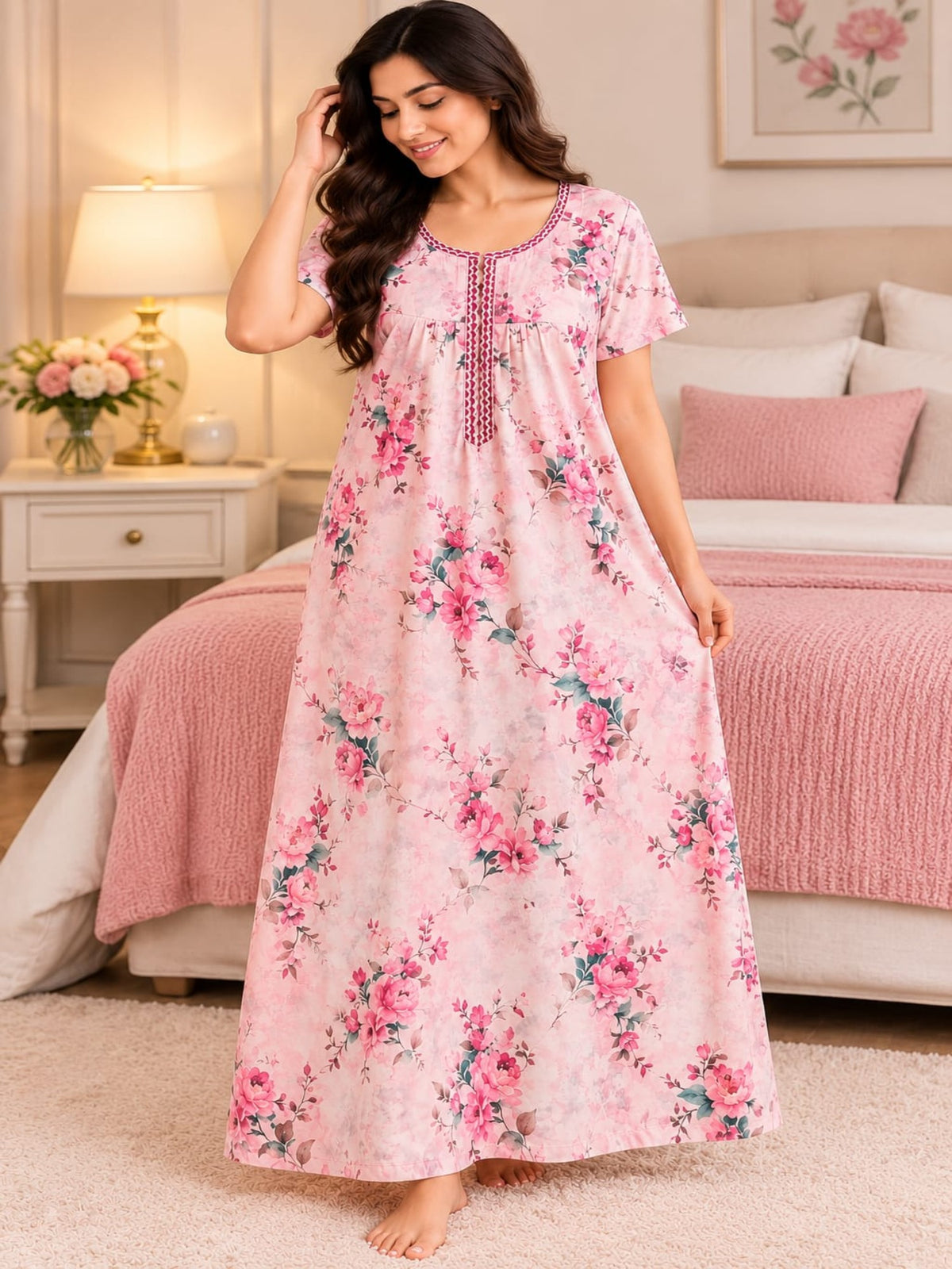 Women’s Floral Printed Full-Length Night Gown with Round Neck & Short Sleeves