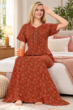 Women’s Floral Printed Night Gown with Lace-Detail Button Placket & Short Sleeves