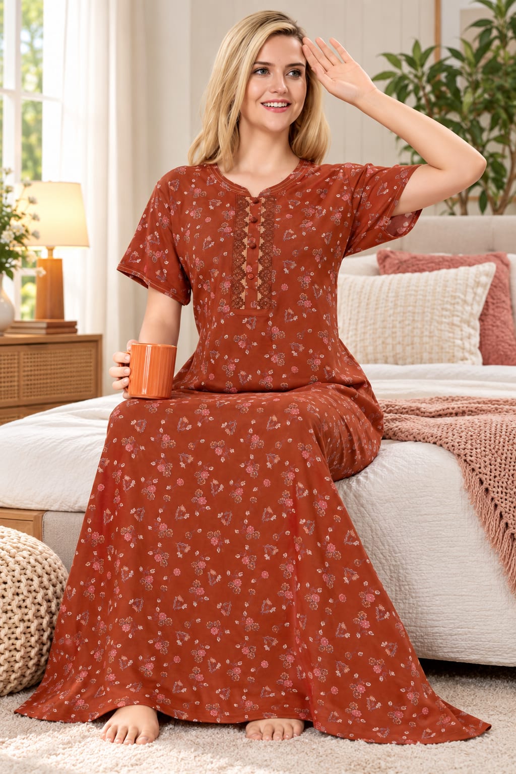 Women’s Floral Printed Night Gown with Lace-Detail Button Placket & Short Sleeves
