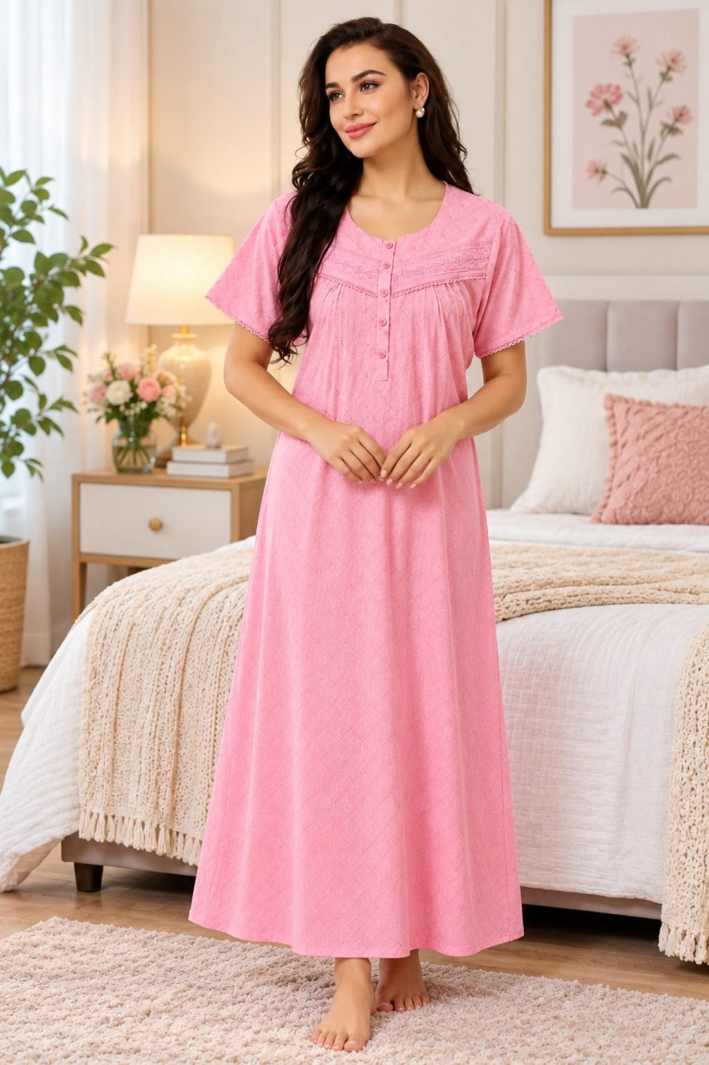 Women’s Pleated Night Gown with Button Front & Short Sleeves Main image
