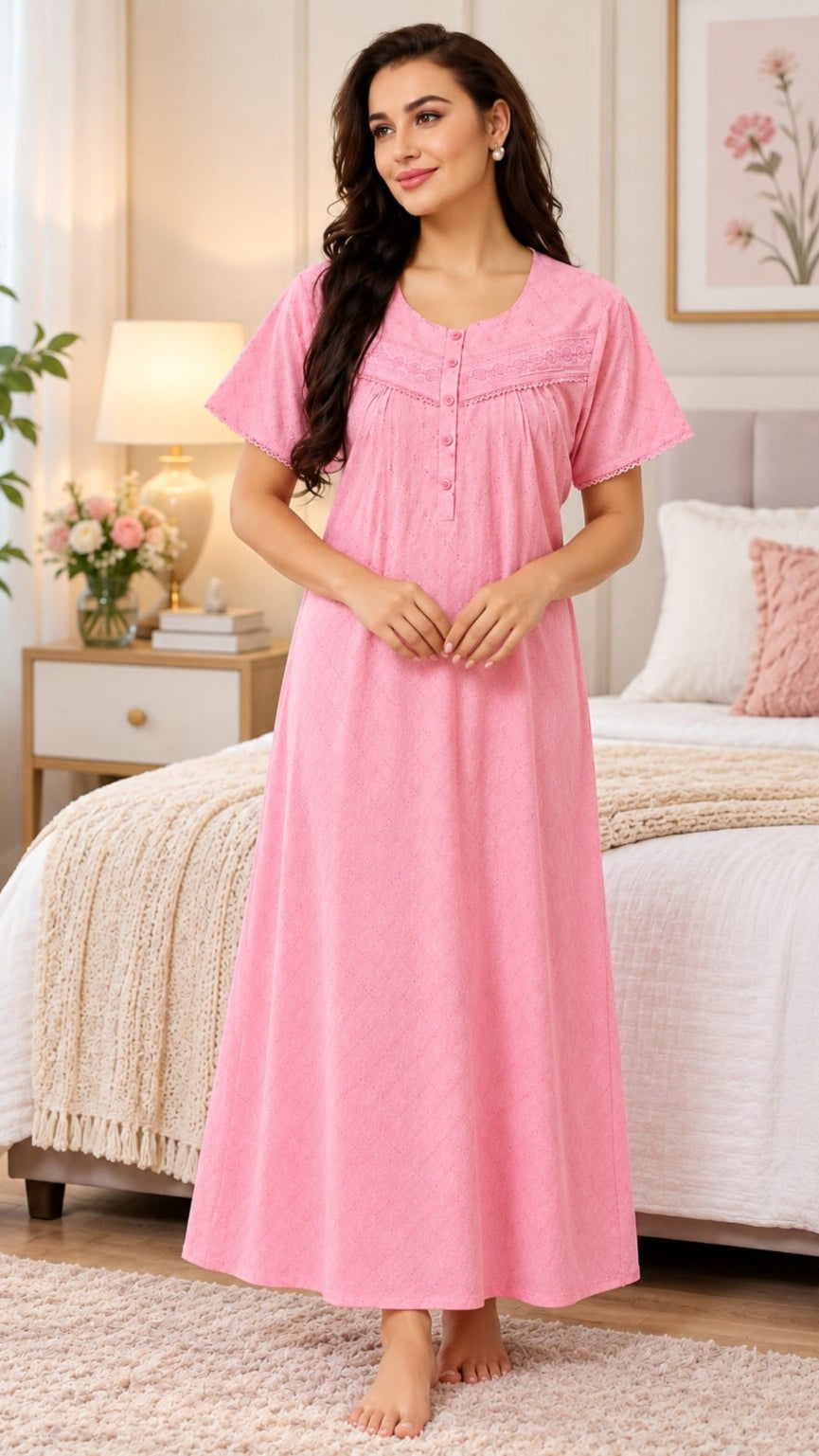 Women’s Pleated Night Gown with Button Front & Short Sleeves Main image