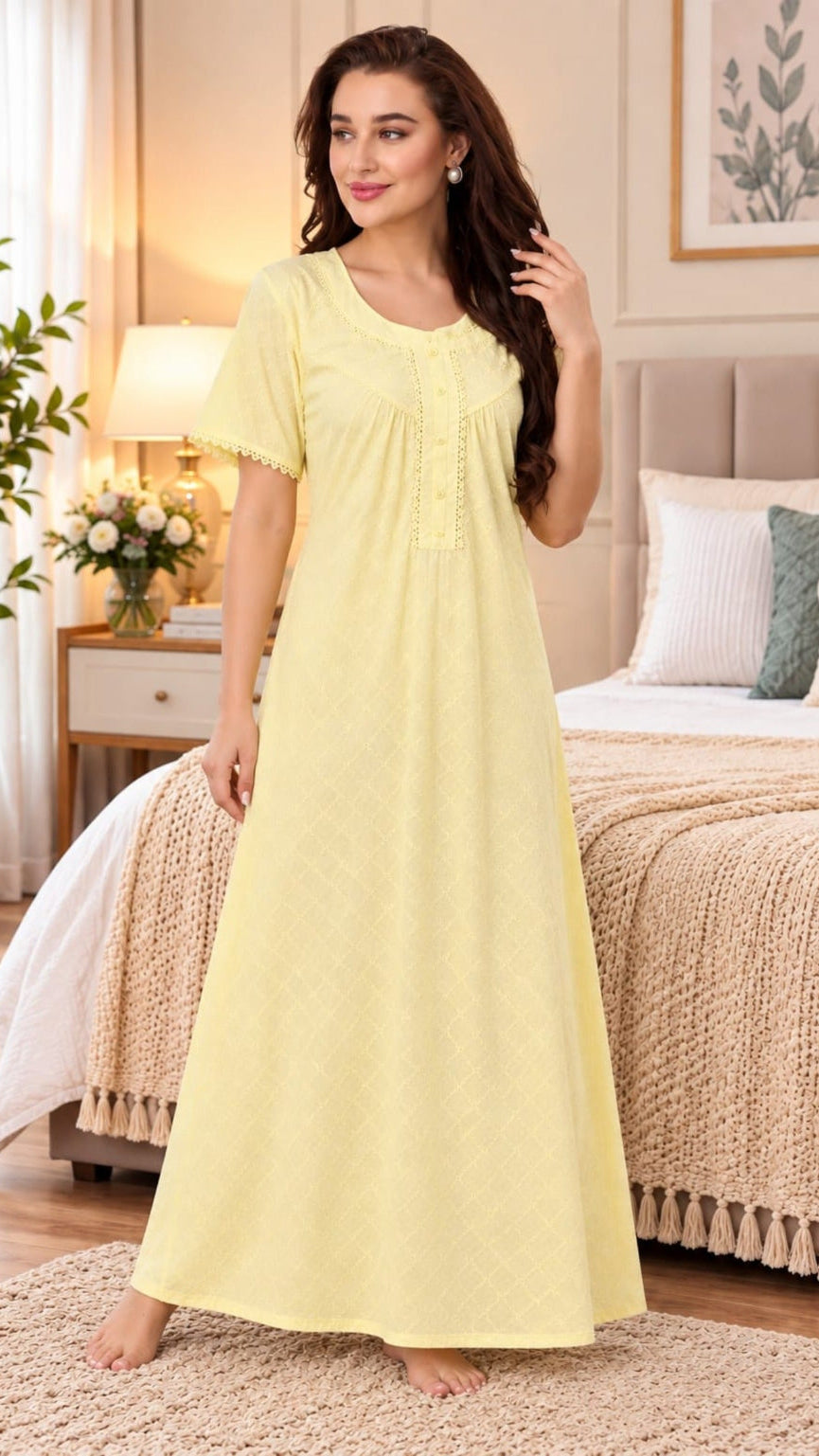 Women’s Floral Printed Embroidered Night Gown with Half Sleeves Main image