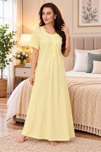 Women’s Floral Printed Embroidered Night Gown with Half Sleeves