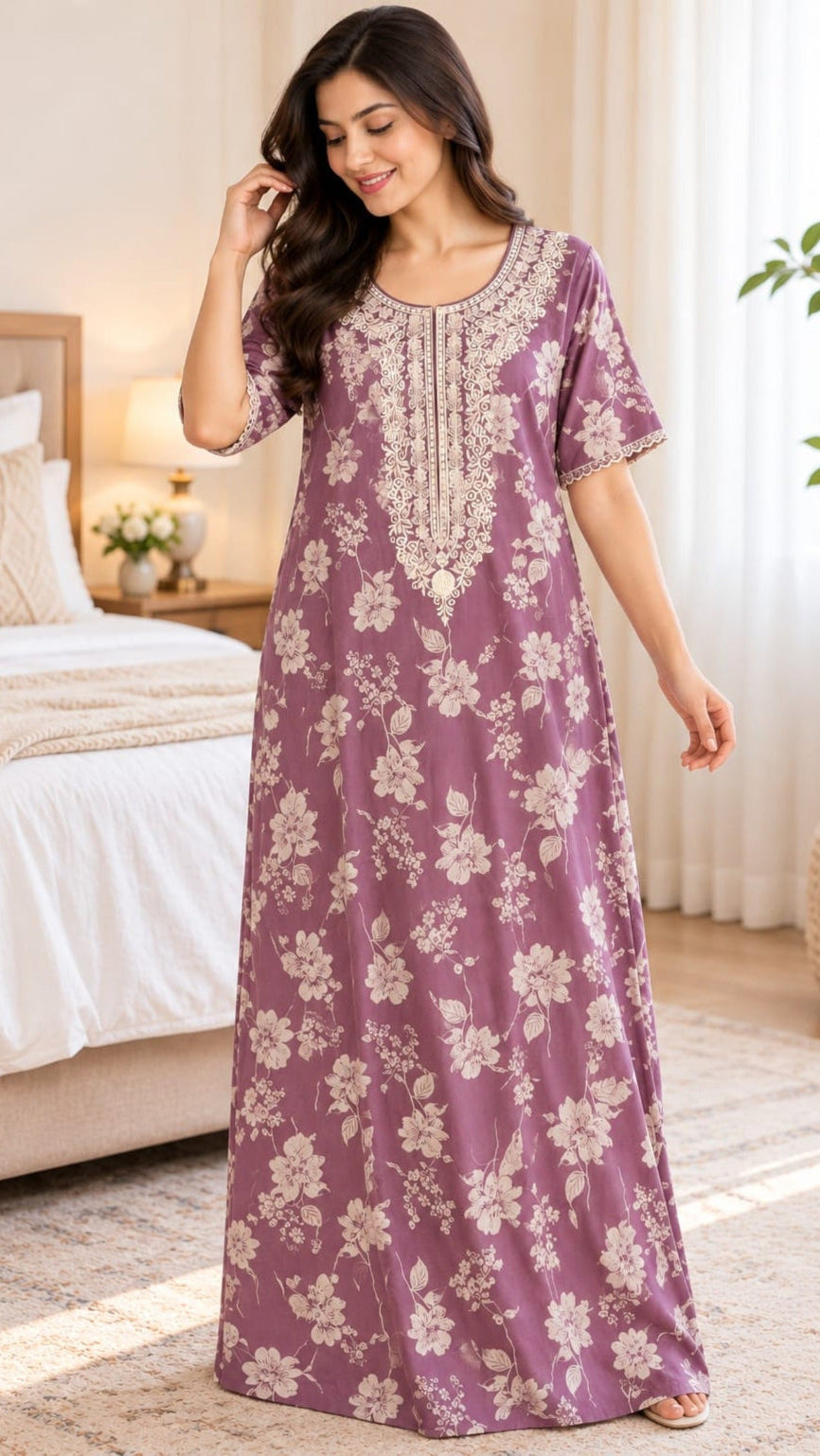 Women’s Floral Printed Embroidered Night Gown with Half Sleeves Main image