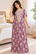 Women’s Floral Printed Embroidered Night Gown with Half Sleeves