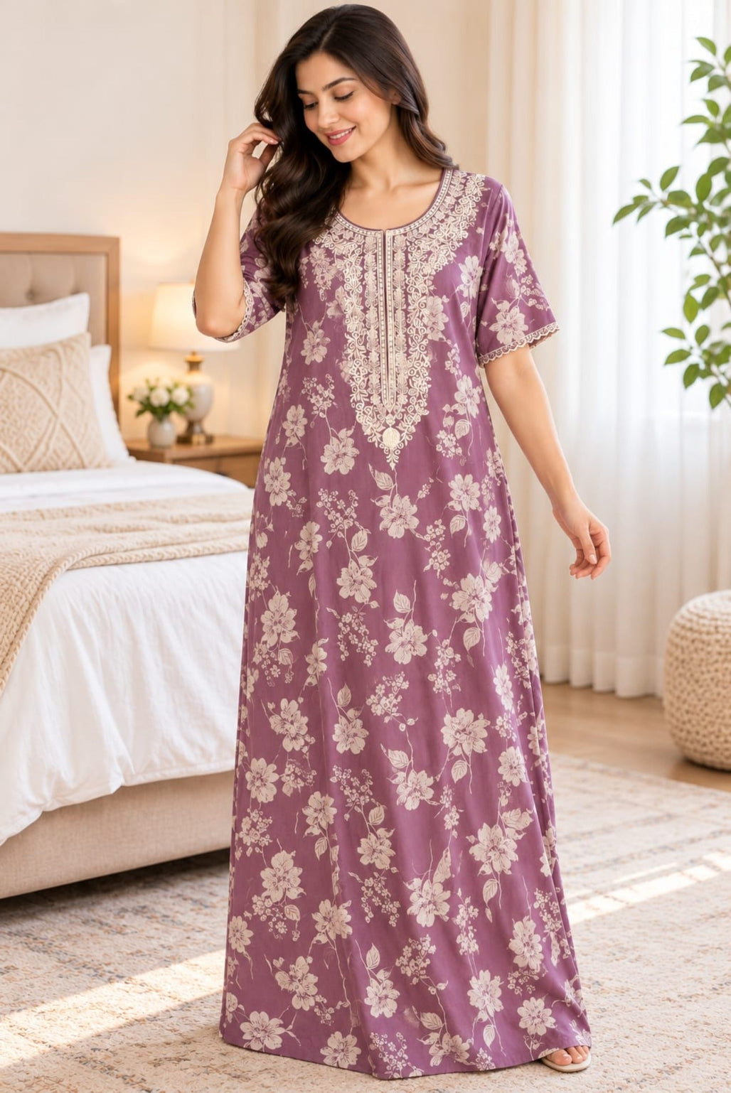 Women’s Floral Printed Embroidered Night Gown with Half Sleeves