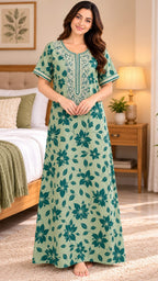 Women’s Floral Printed Embroidered Full-Length Night Gown – Sage Green | Size L