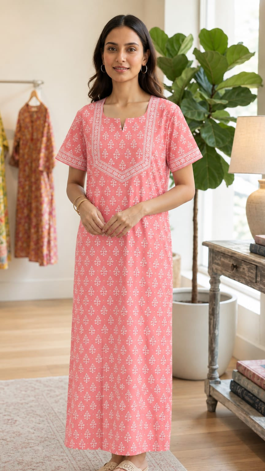 Cotton Block-Print A-Line Long Nightgown