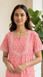 Cotton Block-Print A-Line Long Nightgown