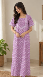 Cotton Block-Print A-Line Long Nightgown