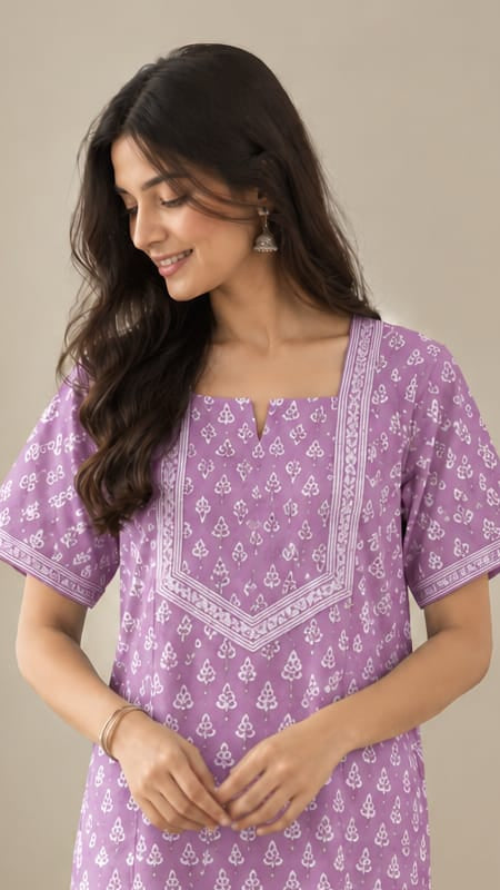 Cotton Block-Print A-Line Long Nightgown