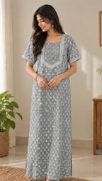 Cotton Block-Print A-Line Long Nightgown