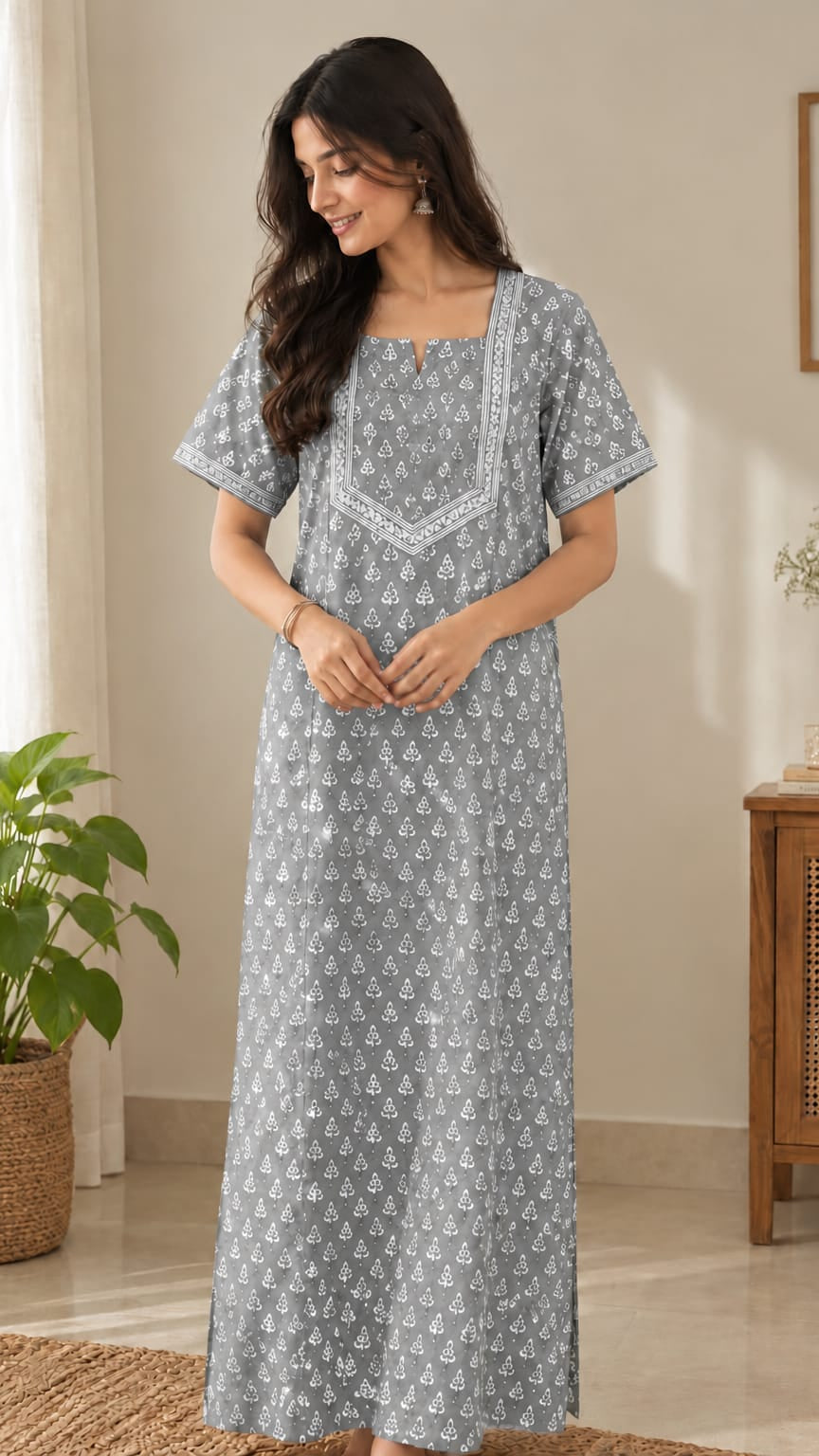 Cotton Block-Print A-Line Long Nightgown