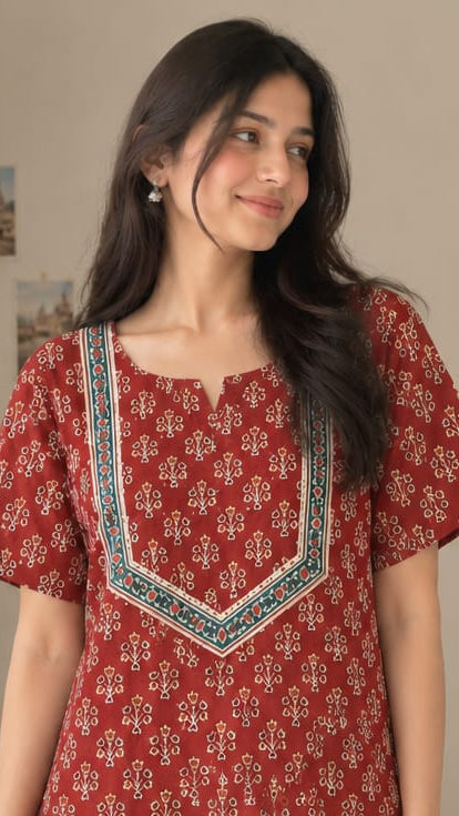 Multifloral Embroidery Night Gown |  Floral Embroidered Cotton Nighty