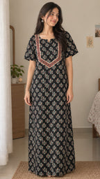 Multifloral Embroidery Night Gown |  Floral Embroidered Cotton Nighty