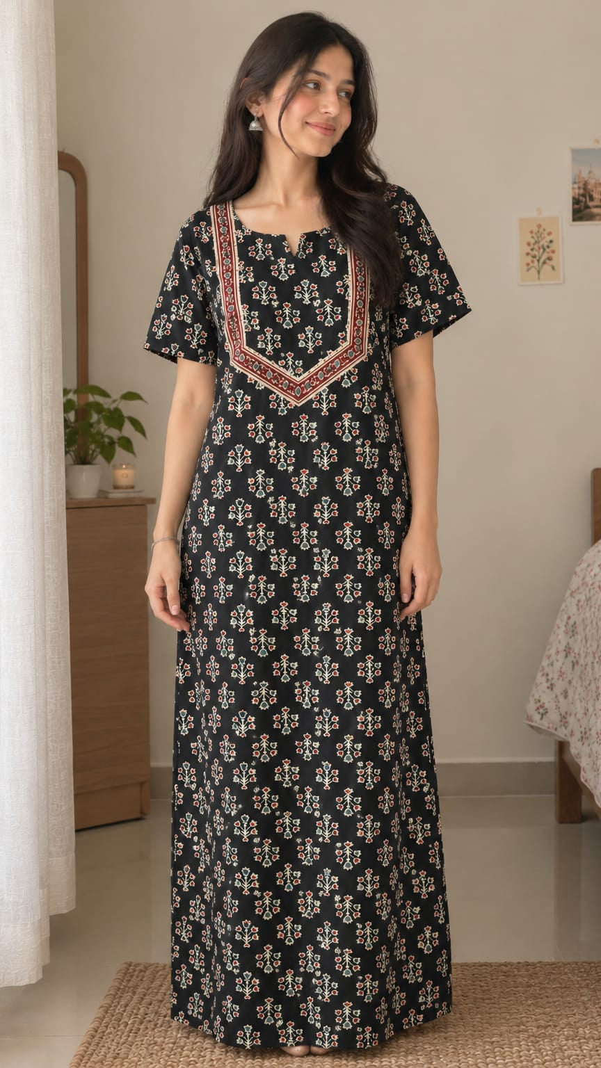Multifloral Embroidery Night Gown |  Floral Embroidered Cotton Nighty
