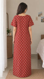 Multifloral Embroidery Night Gown |  Floral Embroidered Cotton Nighty