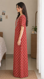 Multifloral Embroidery Night Gown |  Floral Embroidered Cotton Nighty
