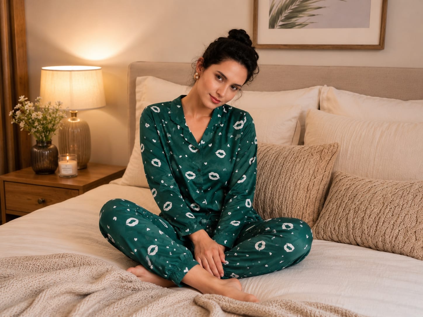 Women Green Printed Satin Night Suit Set for Women | Full Sleeve Shirt & Pyjama Co-ord Sleepwear Set