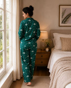 Women Green Printed Satin Night Suit Set for Women | Full Sleeve Shirt & Pyjama Co-ord Sleepwear Set