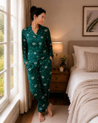 Women Green Printed Satin Night Suit Set for Women | Full Sleeve Shirt & Pyjama Co-ord Sleepwear Set