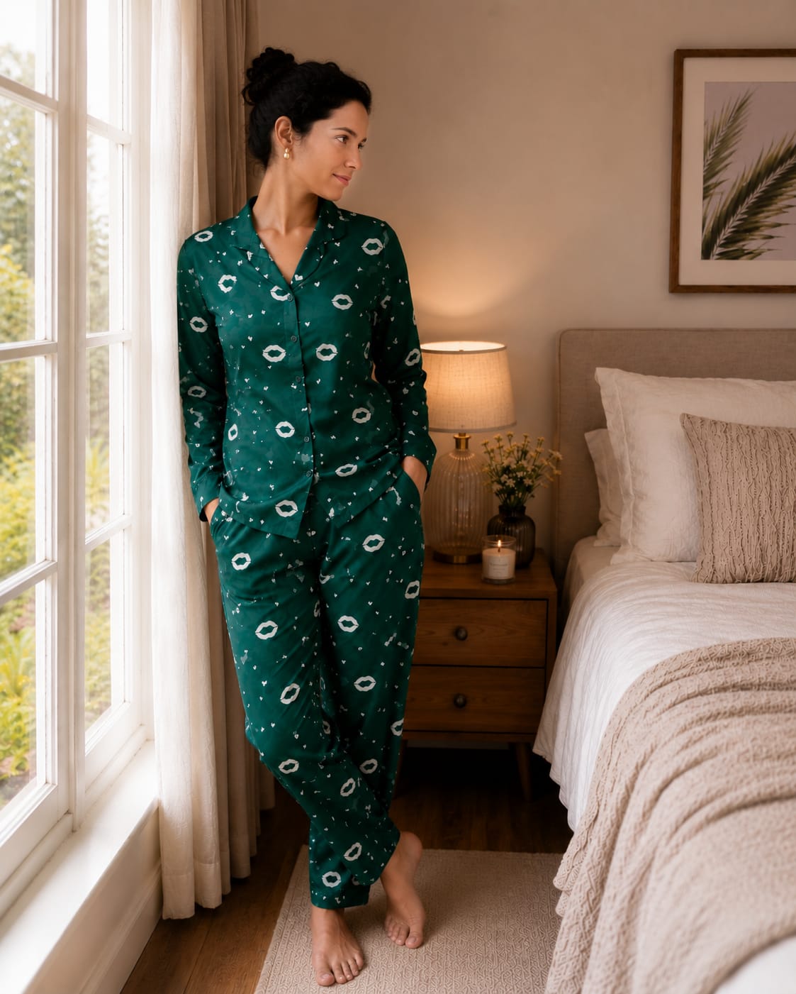 Women Green Printed Satin Night Suit Set for Women | Full Sleeve Shirt & Pyjama Co-ord Sleepwear Set