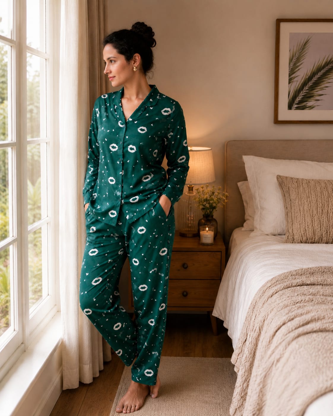 Women Green Printed Satin Night Suit Set for Women | Full Sleeve Shirt & Pyjama Co-ord Sleepwear Set