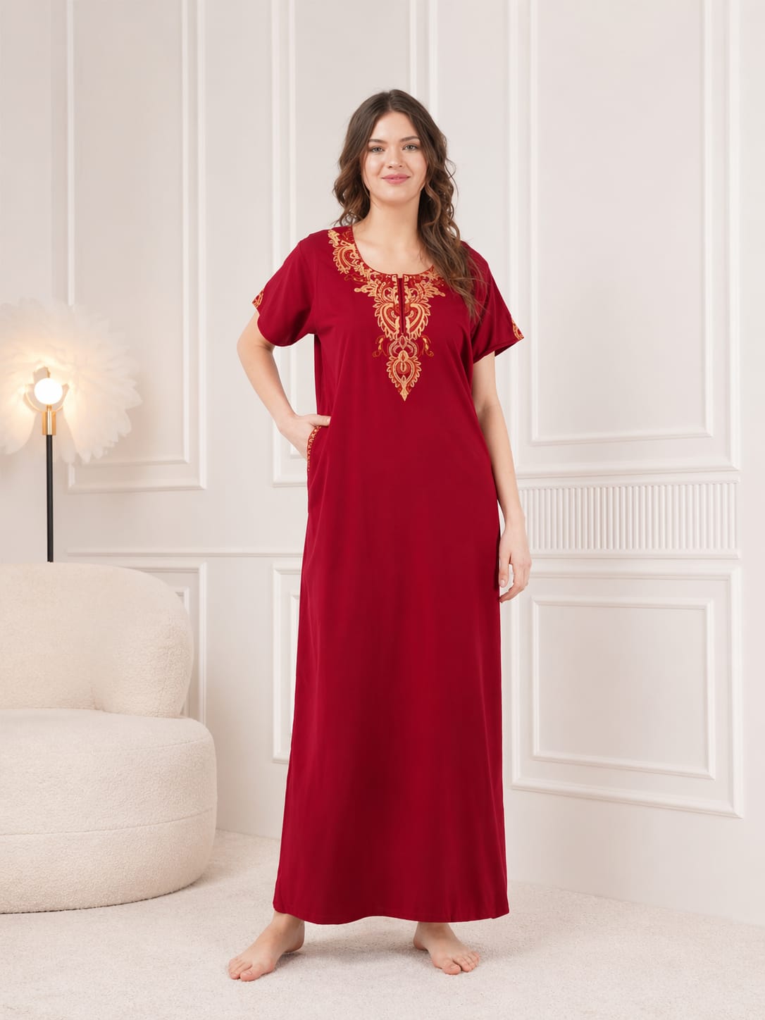Cream Embroidery Night Gown
