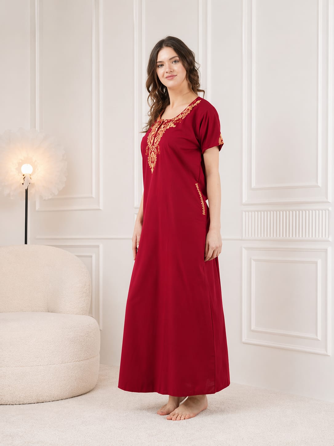 Cream Embroidery Night Gown