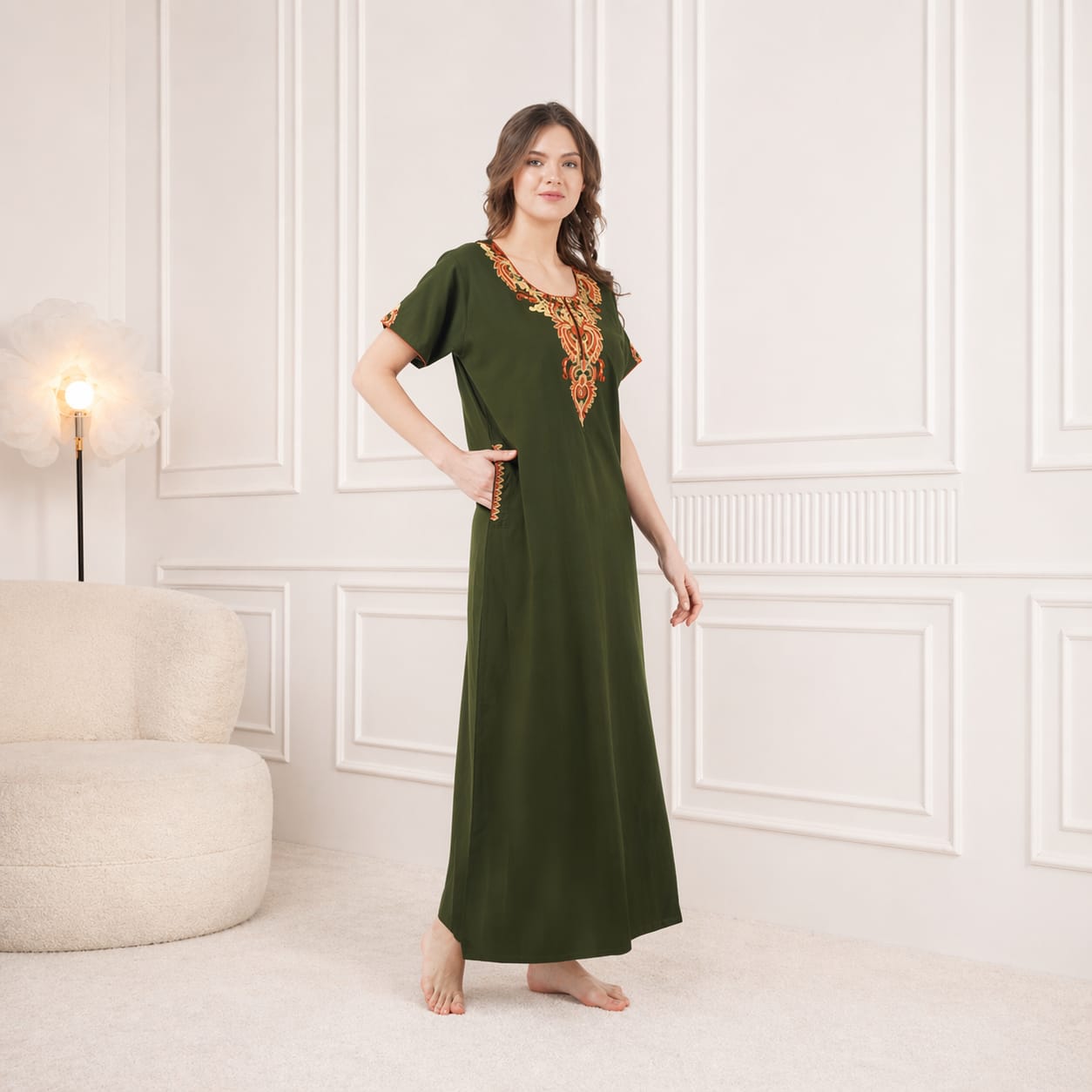 Cream Embroidery Night Gown