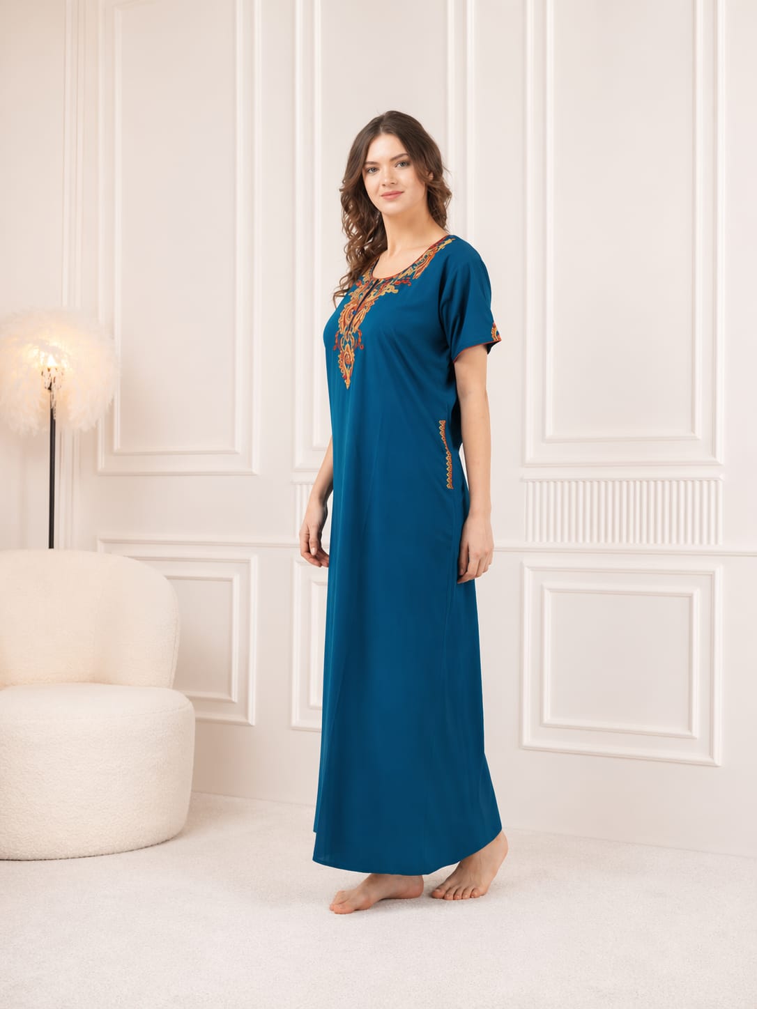 Cream Embroidery Night Gown