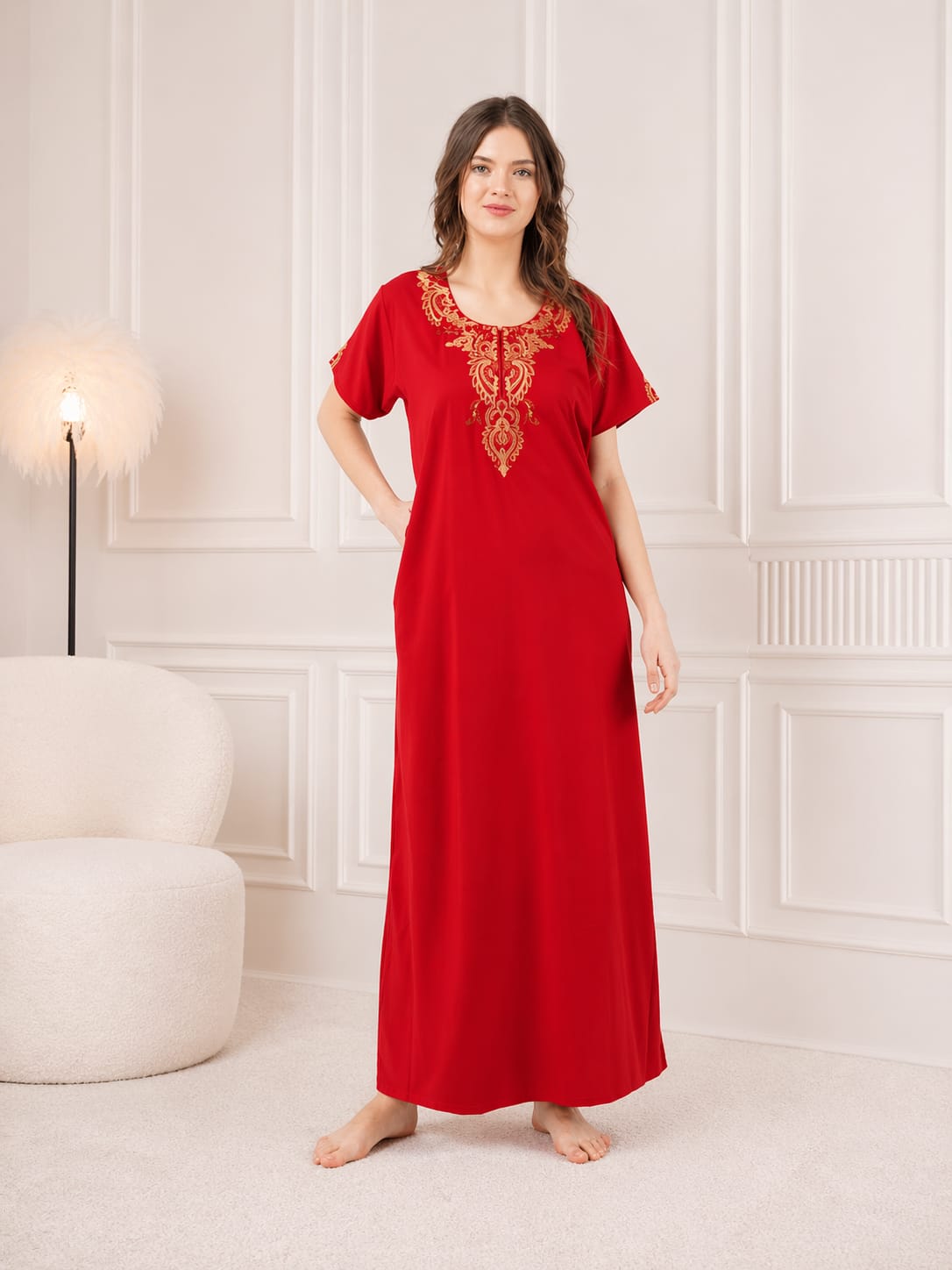 Cream Embroidery Night Gown