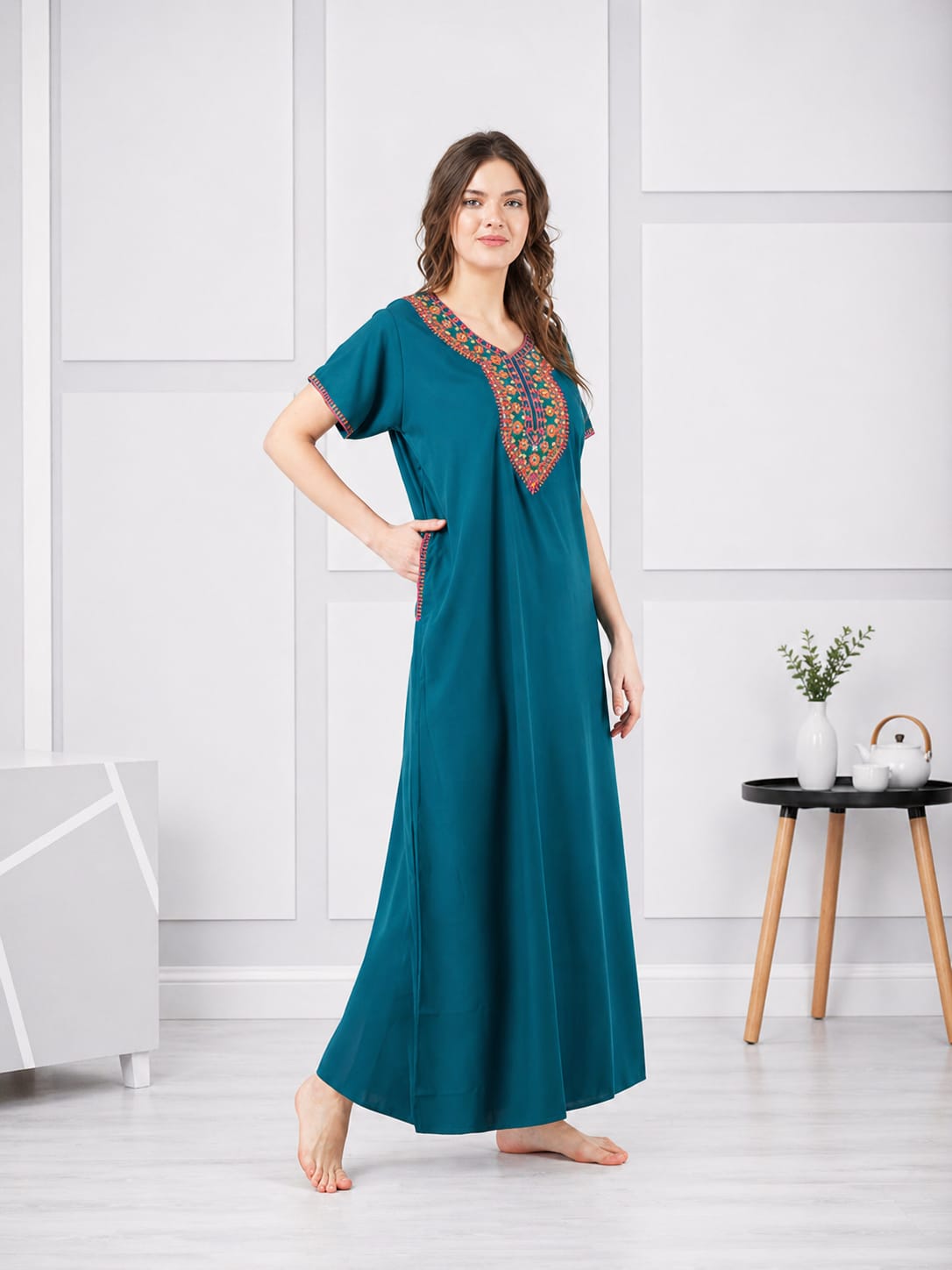 V-shaped Embroidery Night Gown Secondary image