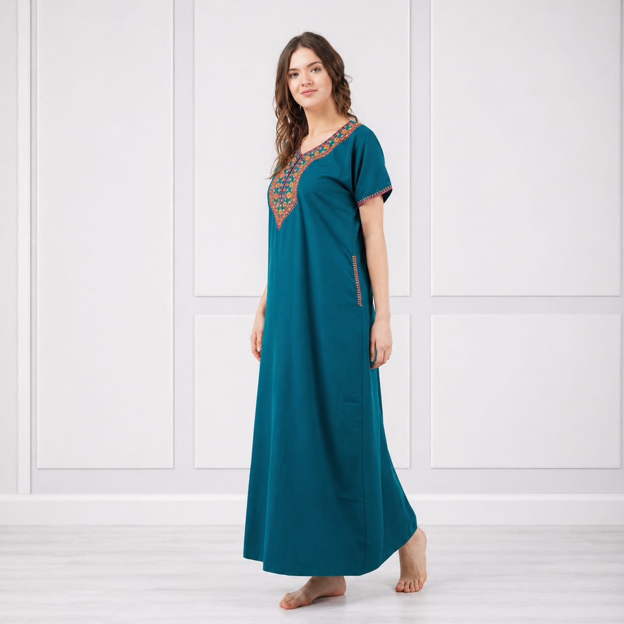 V-shaped Embroidery Night Gown