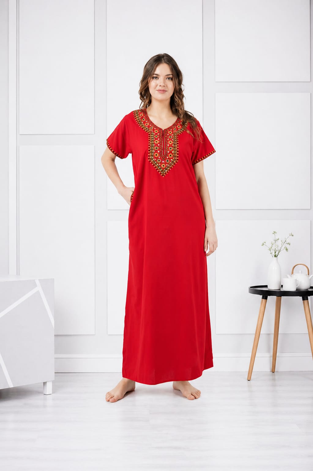 V-shaped Embroidery Night Gown
