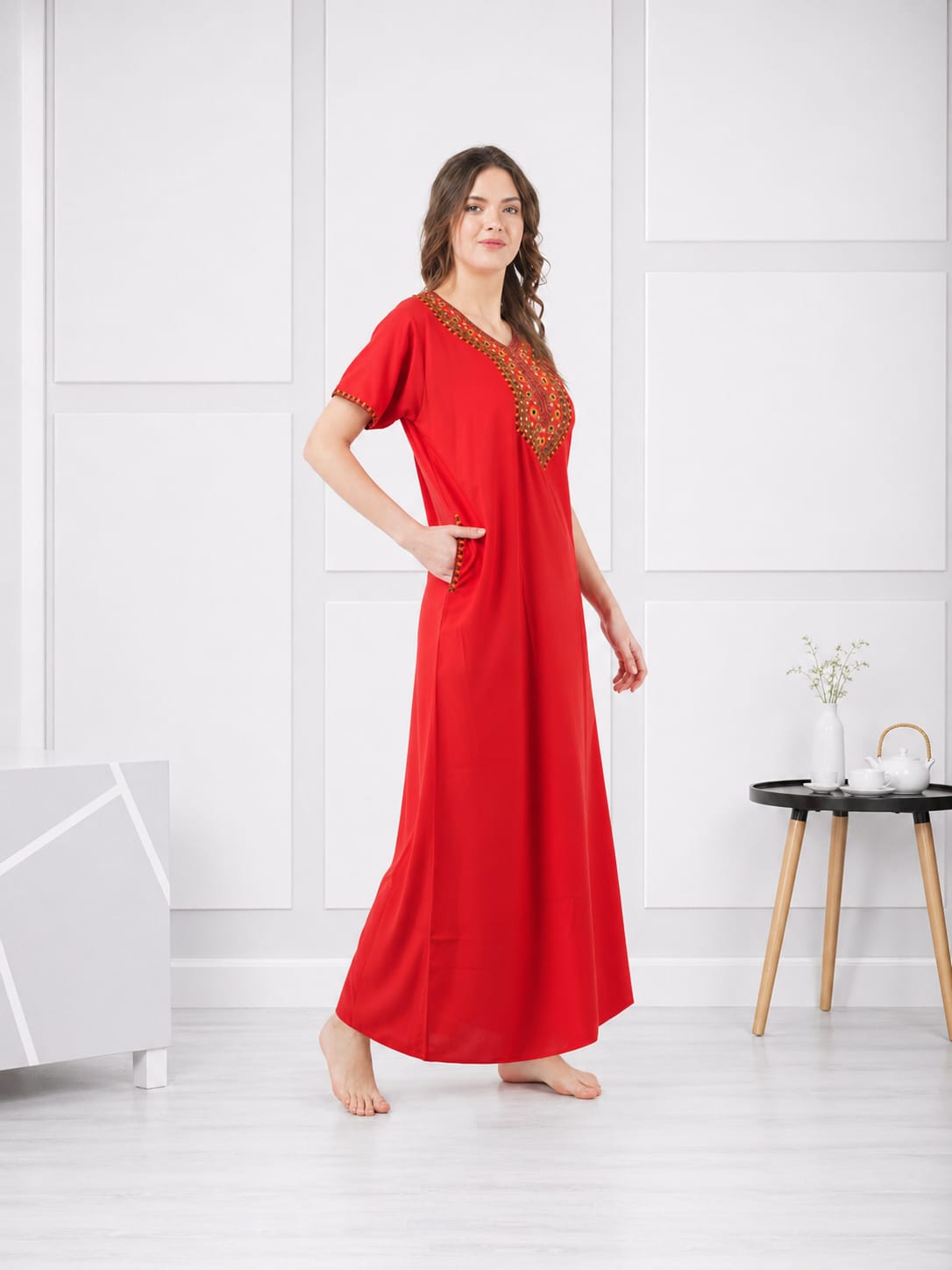 V-shaped Embroidery Night Gown