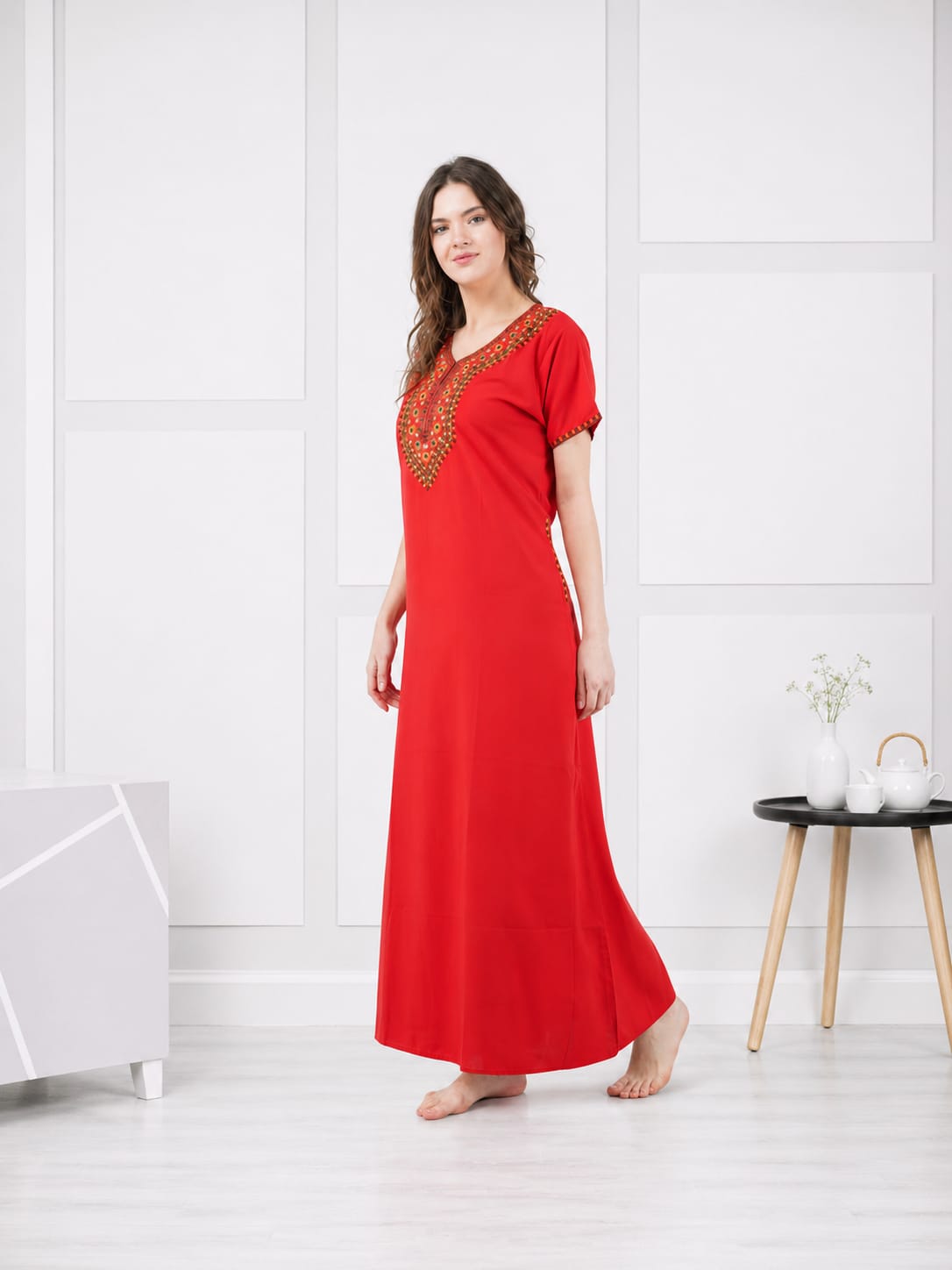V-shaped Embroidery Night Gown