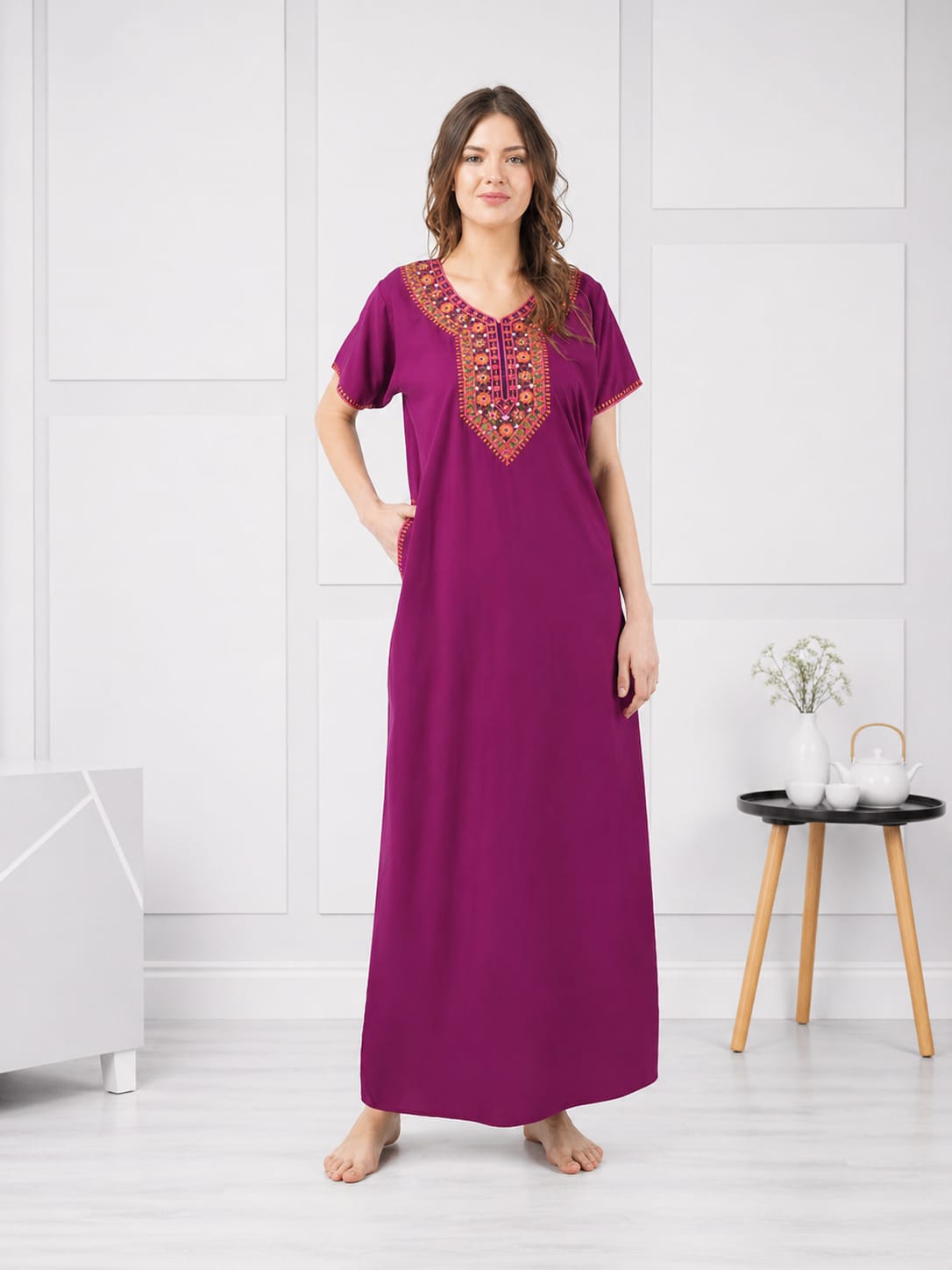 embroidered night dress 1920s Embroidered Silk Babydoll Maxi Dress Nightgown main image 0