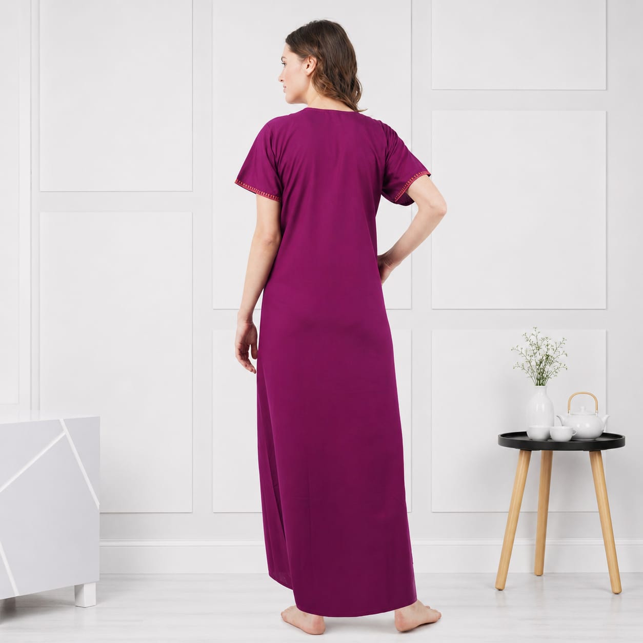 V-shaped Embroidery Night Gown