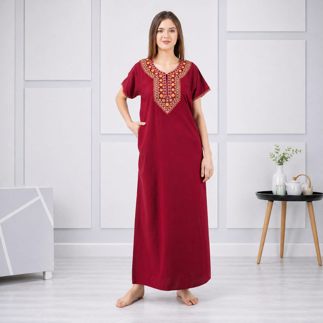 V-shaped Embroidery Night Gown