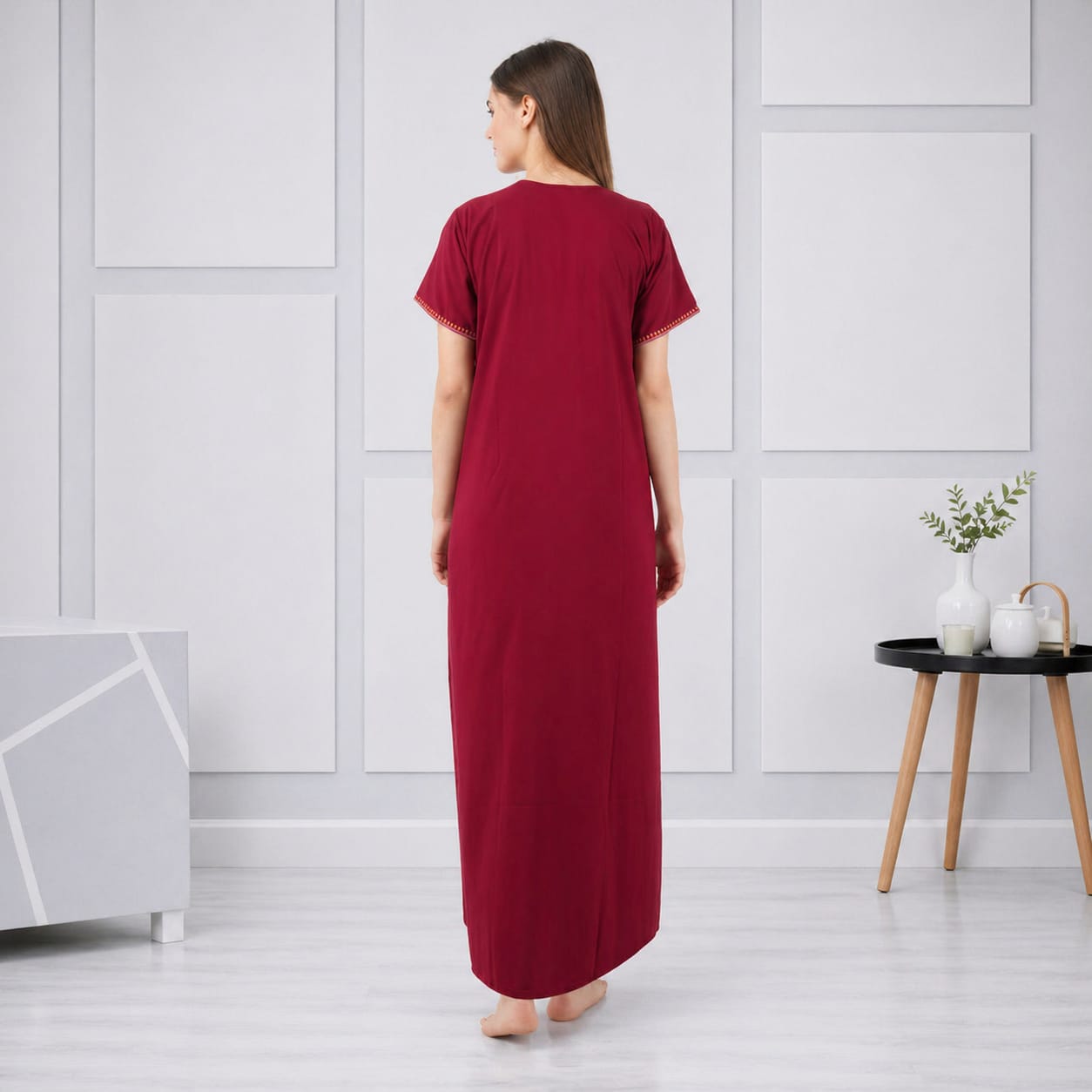 V-shaped Embroidery Night Gown