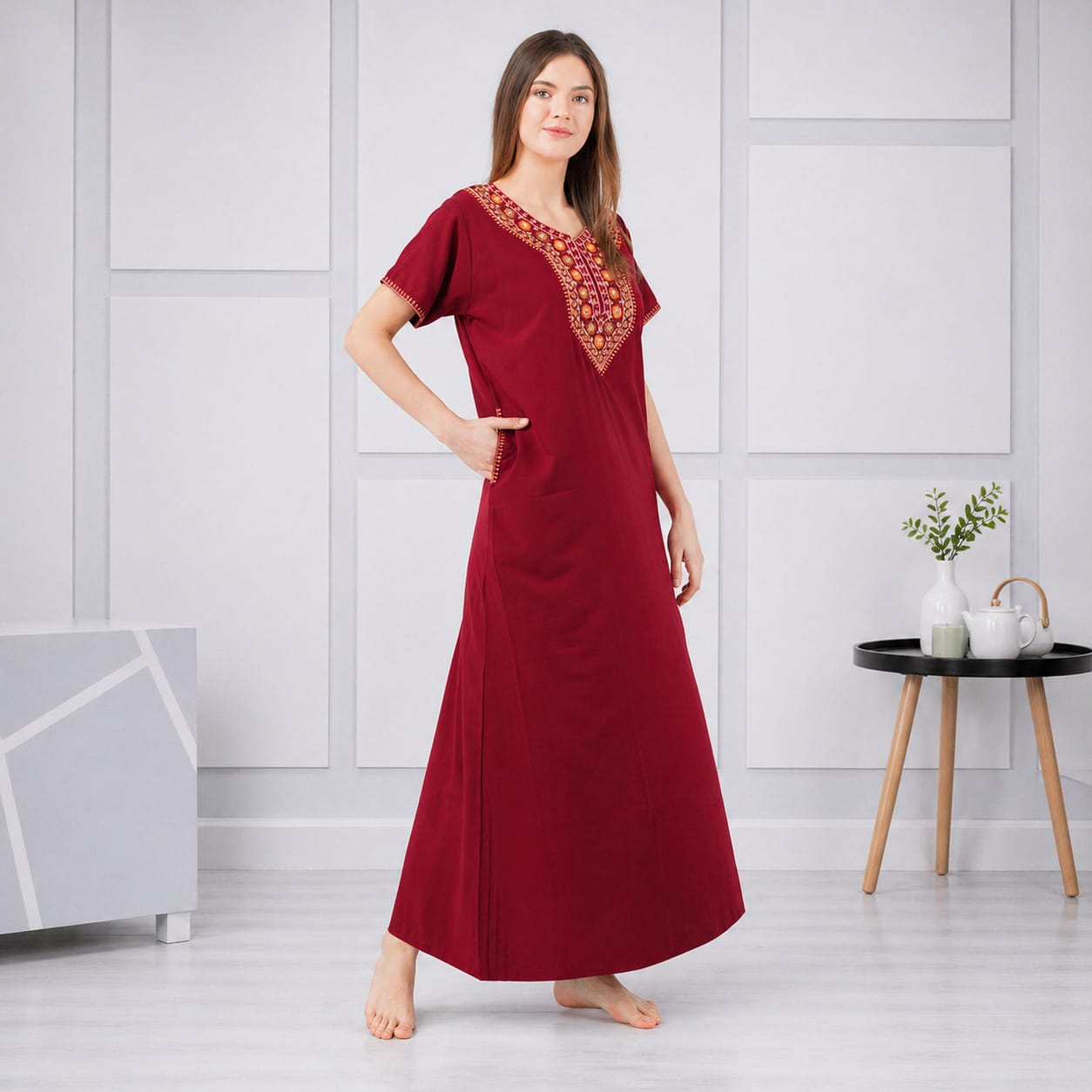 V-shaped Embroidery Night Gown