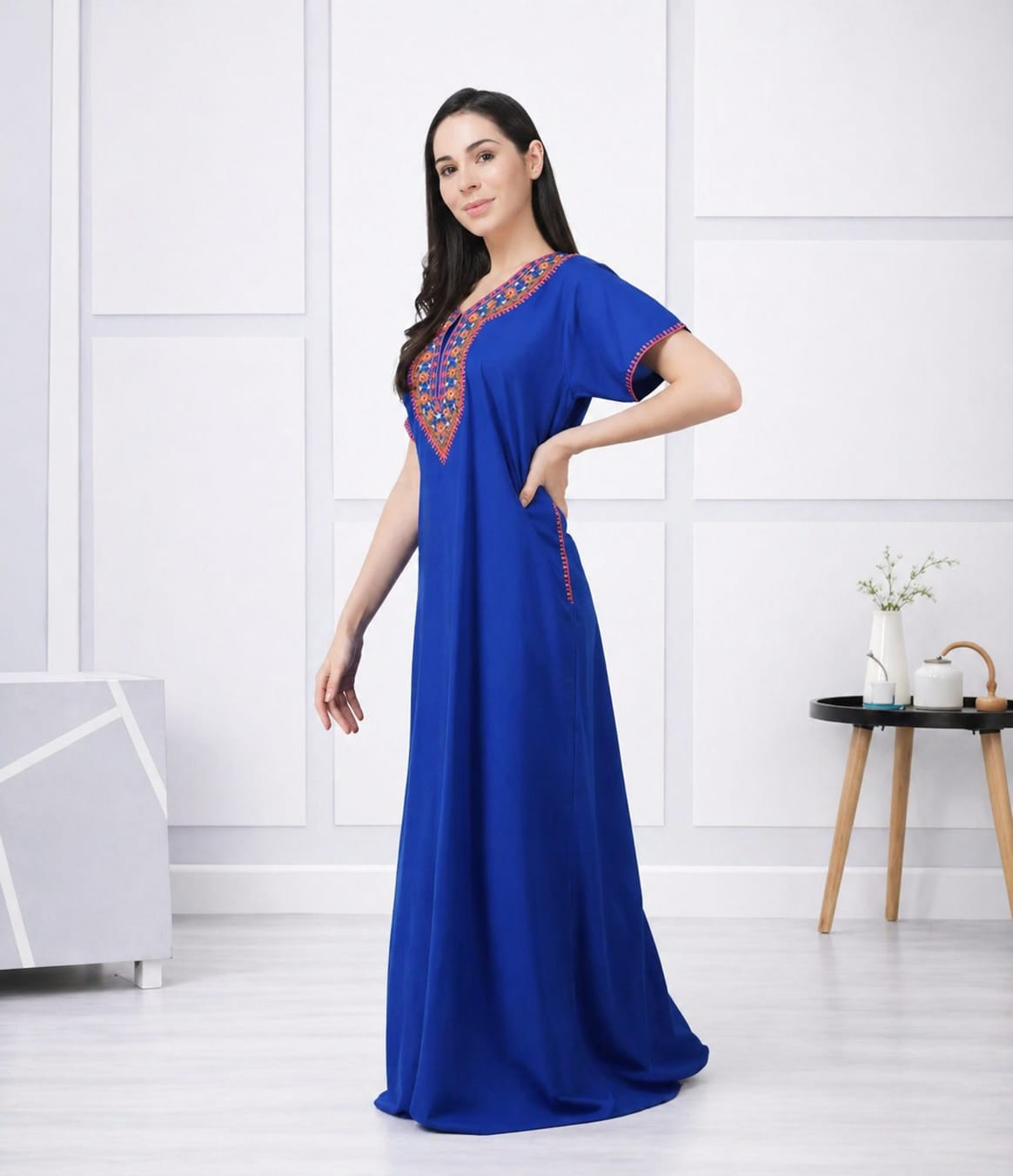 V-shaped Embroidery Night Gown