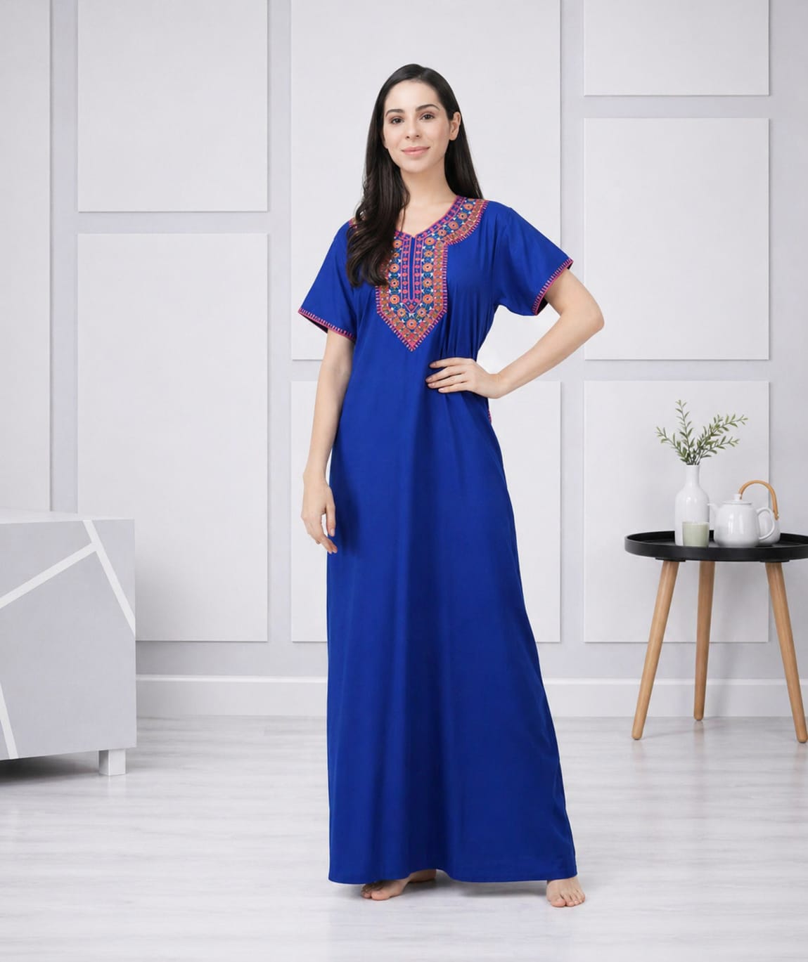 V-shaped Embroidery Night Gown
