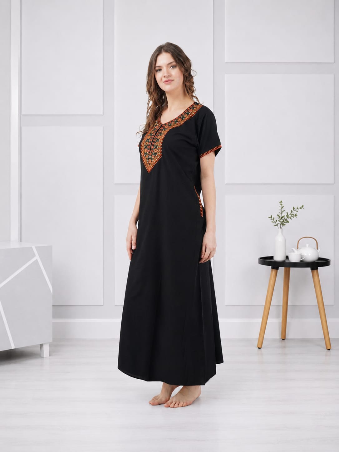 V-shaped Embroidery Night Gown
