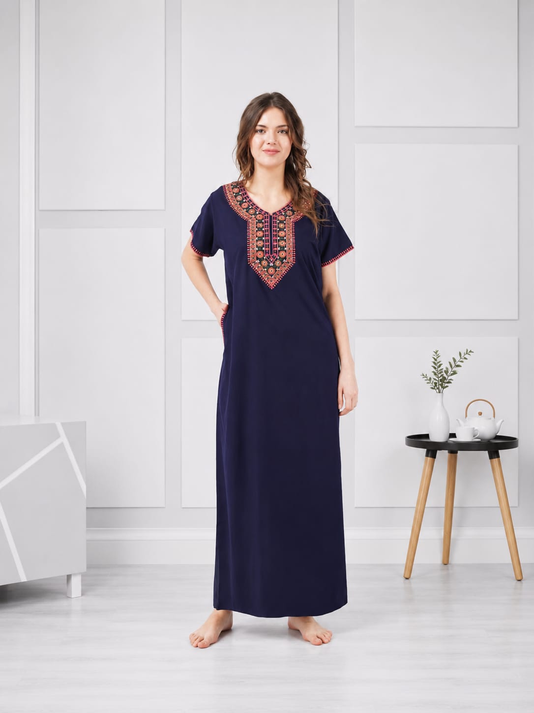 V-shaped Embroidery Night Gown