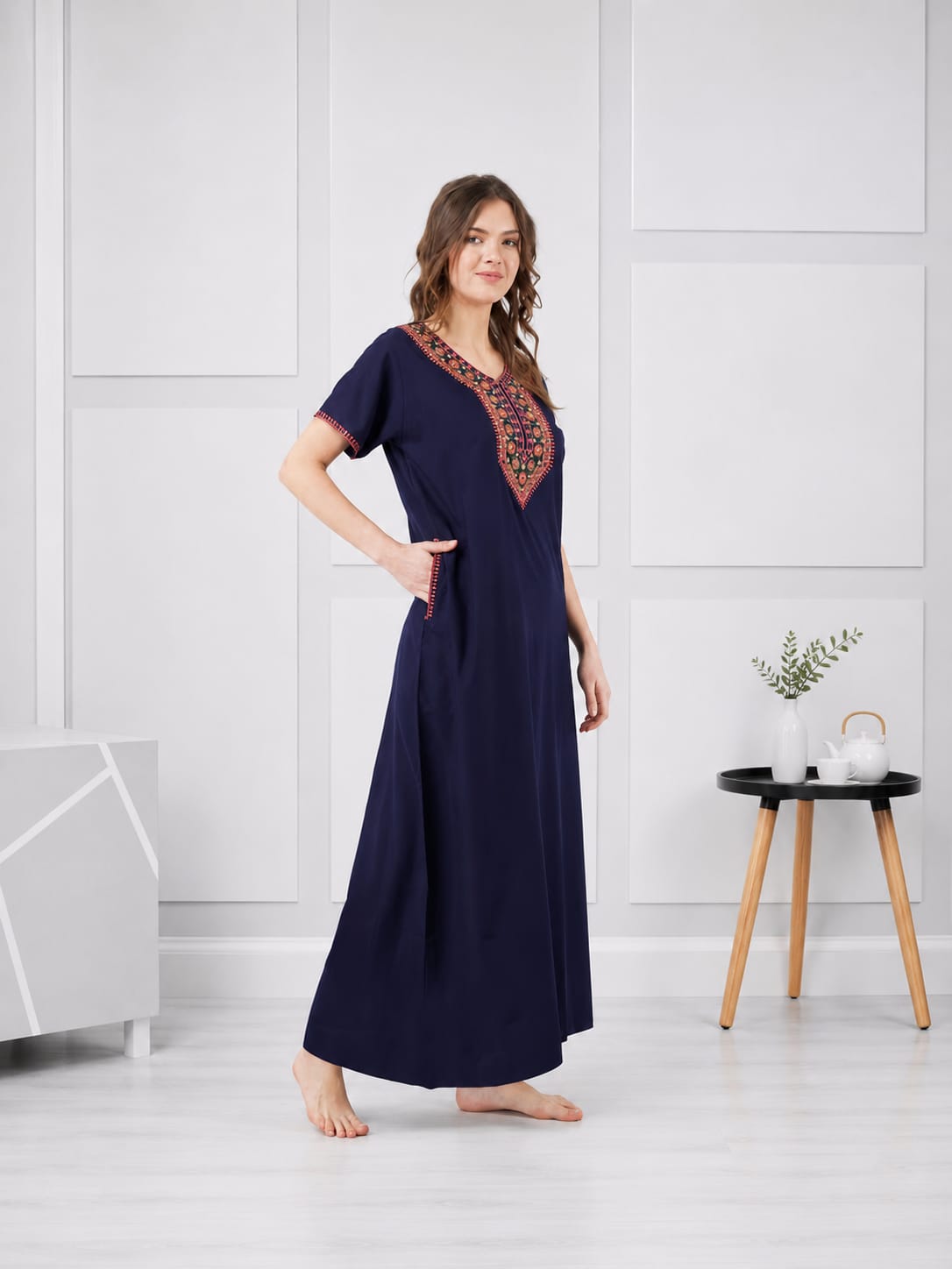 V-shaped Embroidery Night Gown