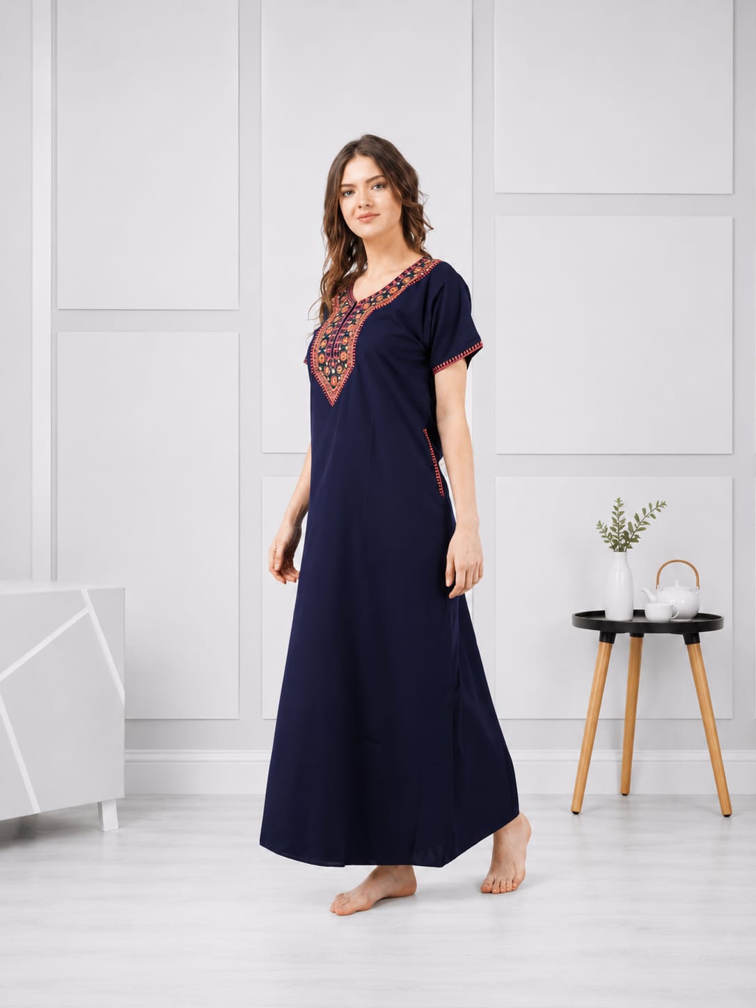 V-shaped Embroidery Night Gown